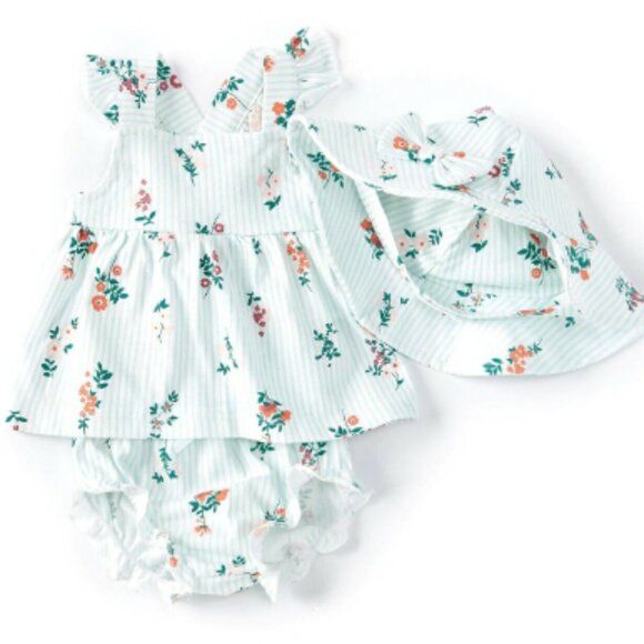 Starting Out Blue & White Striped 3PC Set, Floral Pattern, Shirt, Bloomers, Hat - Picture 1 of 7